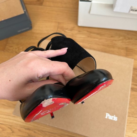 Christian Louboutin Trotter Banded Strappy Pumps Black Leather Suede Ankle Wrap - Picture 15 of 15